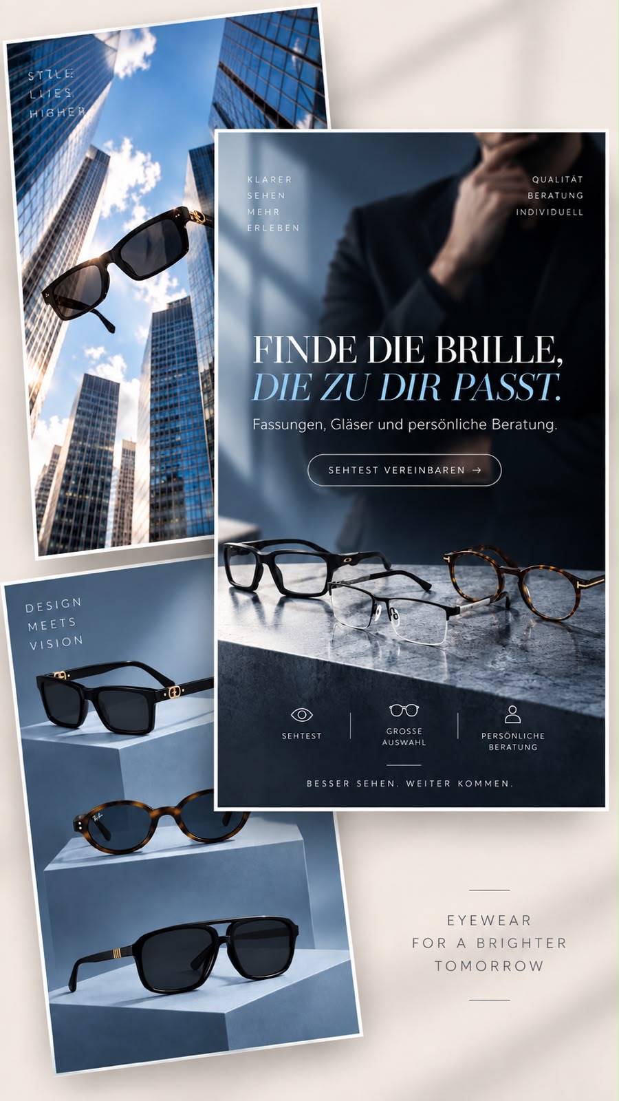 Eyewear collage — sunglasses, skyline, glasses display — 9:16