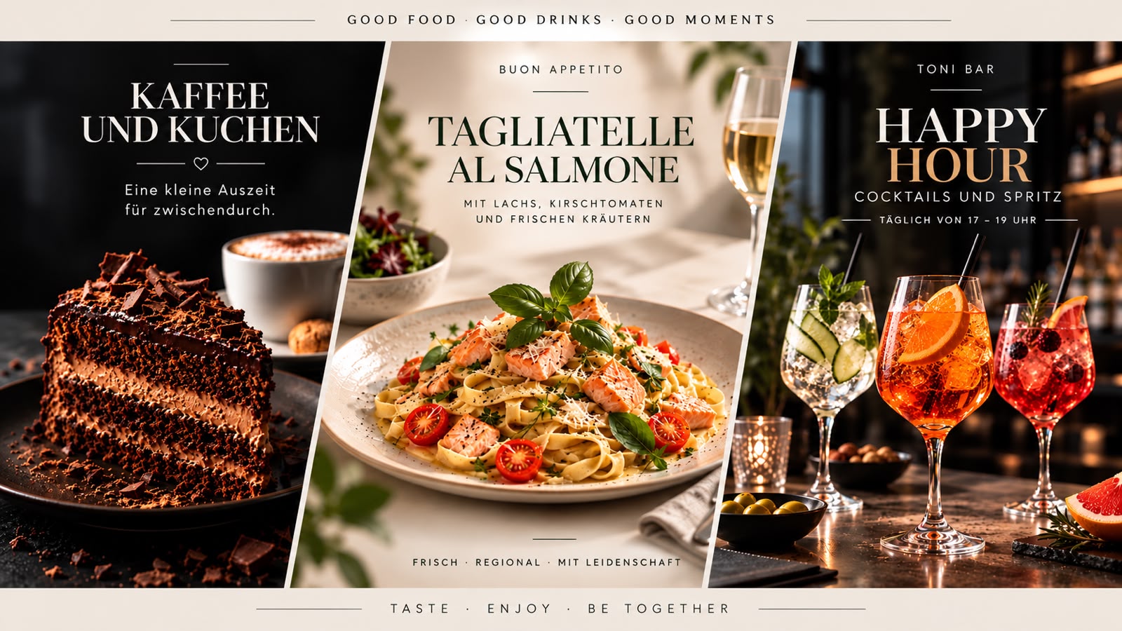 Kaffee und Kuchen, Tagliatelle al Salmone, Happy Hour Cocktails