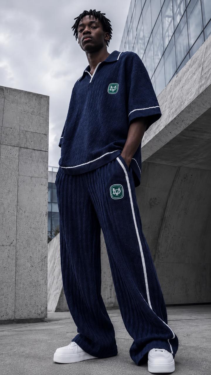 SHIFT — navy knit polo and trousers, urban architecture