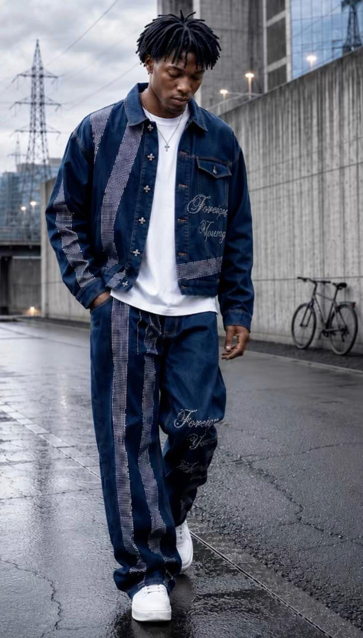 SHIFT — embellished denim jacket and trousers, wet street