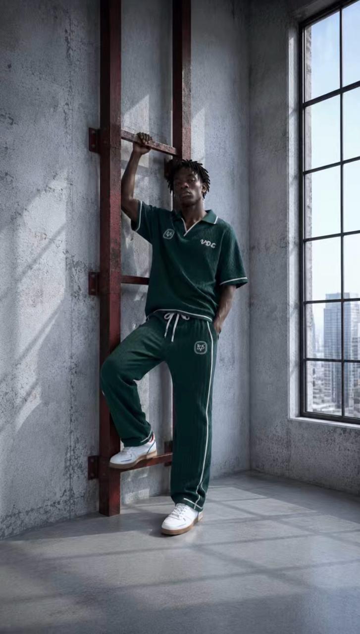 SHIFT — green knit set, industrial interior
