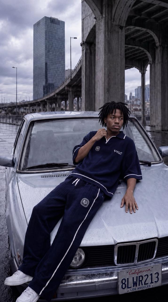 SHIFT — navy knit set, vintage car, city bridge