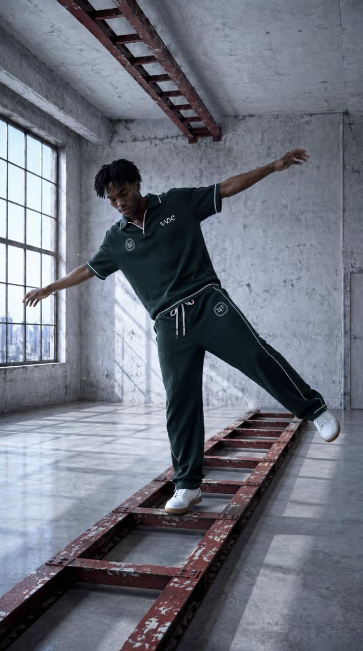 SHIFT — green knit set, balancing on ladder, loft interior